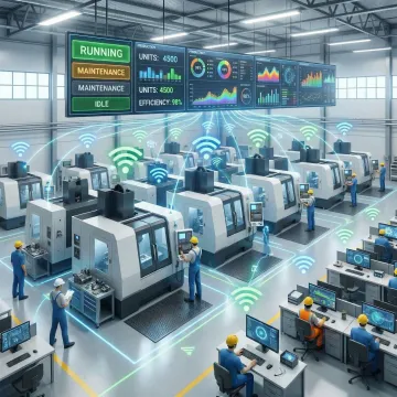 Connected manufacturing shop floor with CNC machines transmitting real-time data to central monitoring system