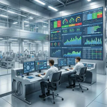 Integrated manufacturing dashboard showing real-time OEE metrics and machine status across multiple production lines