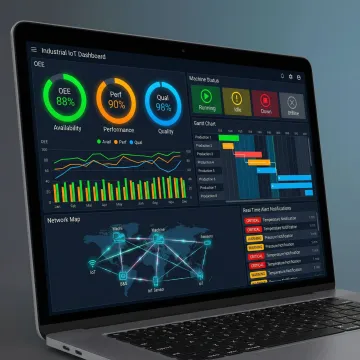 Integrated dashboard displaying manufacturing KPIs, machine connectivity status, and real-time production analytics