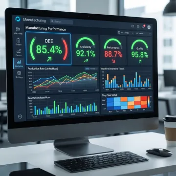 Real-time manufacturing performance dashboard displaying machine utilization metrics and production analytics