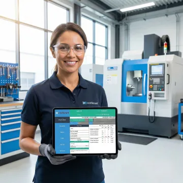 Industrial operator using tablet interface to monitor CNC machine performance and production metrics