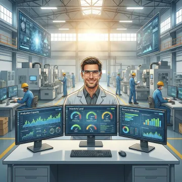 Manufacturing professional analyzing demand planning data on multiple monitors
