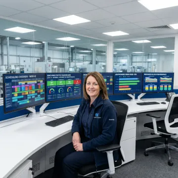 Production scheduler reviewing real-time manufacturing data on multiple screens