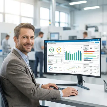 Manufacturing engineer analyzing production dashboard with real-time OEE metrics