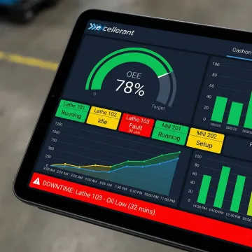 Manufacturing performance monitoring software interface displaying real-time machine data and analytics