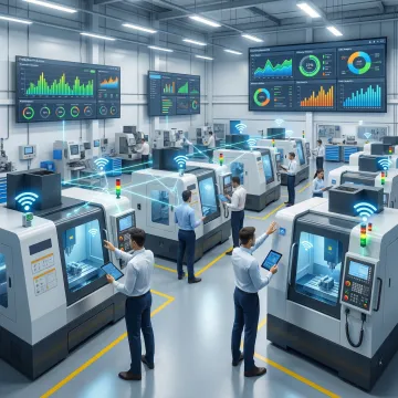 Industrial manufacturing floor with interconnected CNC machines and digital monitoring systems