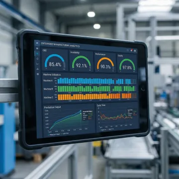 Manufacturing dashboard displaying real-time OEE metrics and machine performance data