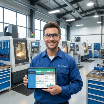 CNC machine operator using tablet interface to monitor production metrics