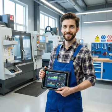 Manufacturing technician reviewing real-time machine condition monitoring dashboard on tablet