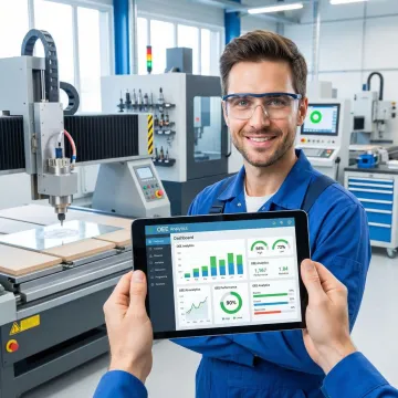 Manufacturing technician analyzing OEE performance data on tablet in factory setting