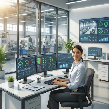 Manufacturing engineer analyzing real-time production data on multiple screens showing machine performance dashboards