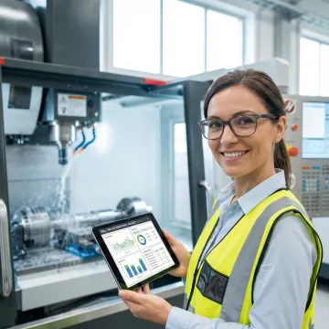Manufacturing engineer reviewing real-time production data on tablet in modern factory