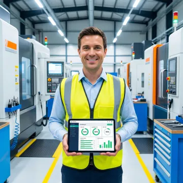 Manufacturing engineer analyzing real-time production data on tablet in modern smart factory