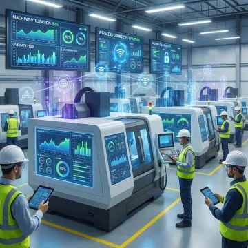 Manufacturing facility with connected CNC machines and IoT monitoring system in operation