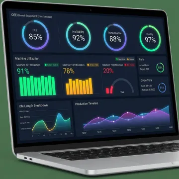 Manufacturing dashboard displaying real-time OEE metrics, machine status indicators, and production analytics on multiple screens