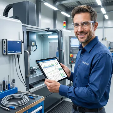 Technician installing IIoT sensors on industrial CNC machinery for automated monitoring