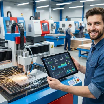Manufacturing engineer analyzing real-time production data on a tablet while standing on a busy shop floor