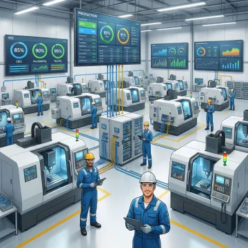 Manufacturing shop floor with connected CNC machines and real-time monitoring displays