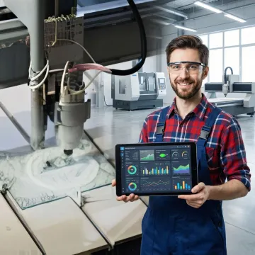 Operator using tablet interface on manufacturing shop floor with machines in background