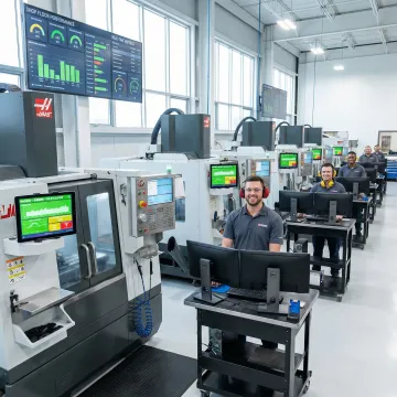 Industrial shop floor with connected CNC machines and monitoring screens