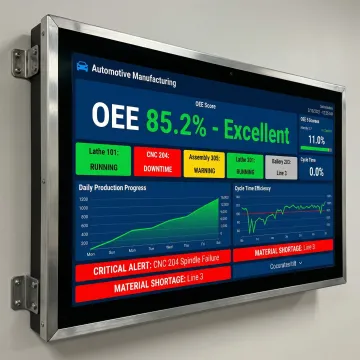 Automotive production dashboard displaying real-time OEE metrics and machine status