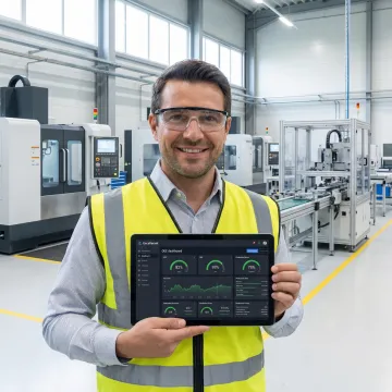Factory manager reviewing OEE performance metrics on tablet device in manufacturing facility
