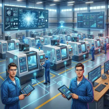 Manufacturing shop floor with connected machines displaying real-time monitoring data