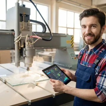 Manufacturing operator viewing real-time production data on tablet device on shop floor