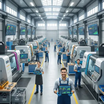 Manufacturing facility with connected machines displaying real-time monitoring data