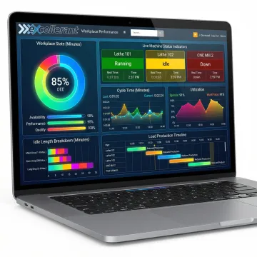 Real-time manufacturing dashboard showing machine status and performance metrics