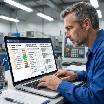 Technician reviewing secure manufacturing data