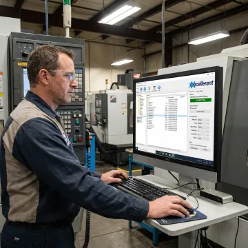 Technician configuring CNC machine connectivity