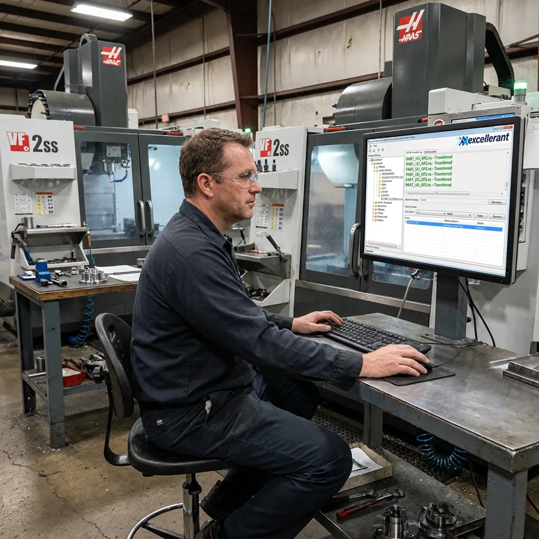 Technician configuring CNC program transfer