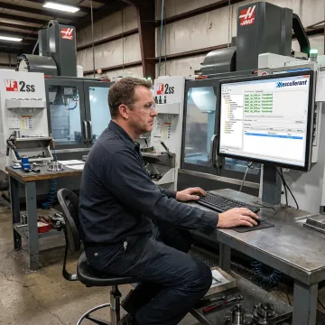 Technician configuring CNC program transfer
