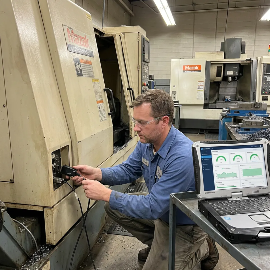 Technician configuring CNC serial-to-Ethernet connection
