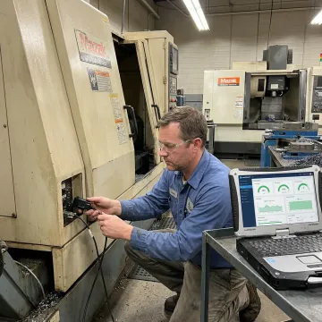 Technician configuring CNC serial-to-Ethernet connection