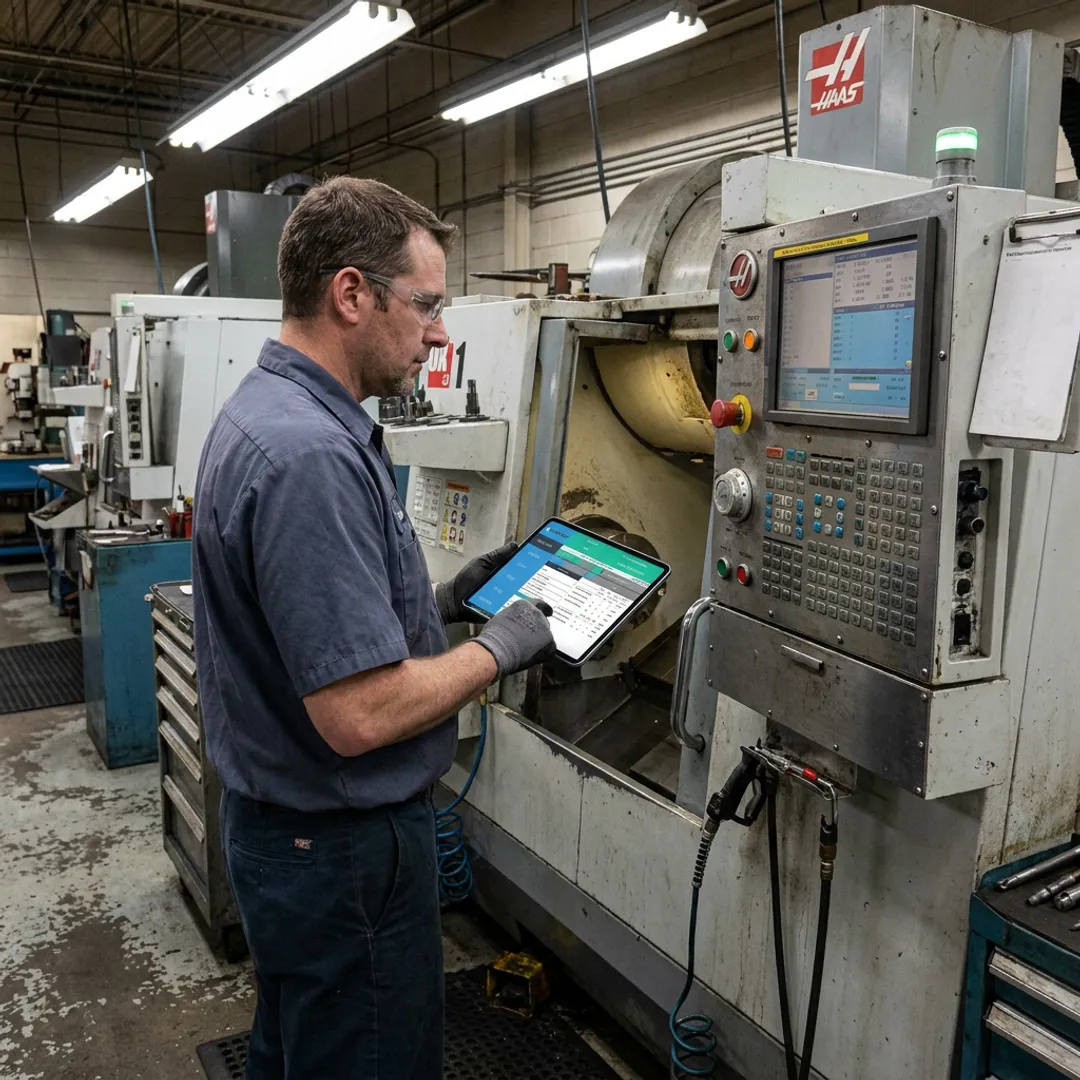 Technician configuring CNC program management software