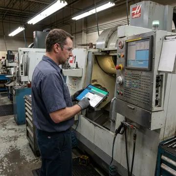 Technician configuring CNC program management software