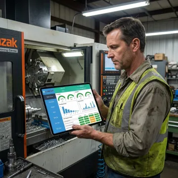 Operator reviewing live machine monitoring data