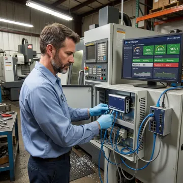 Technician configuring PLC network connectivity