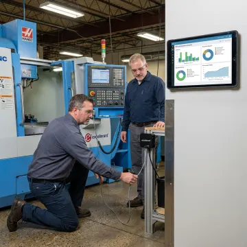 Manufacturing team reviewing machine monitoring process