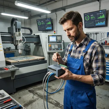 Technician configuring PLC and machine data acquisition