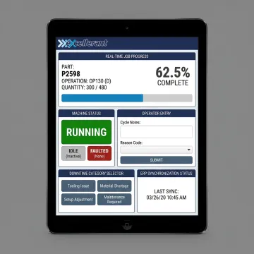 Manufacturing HMI showing job progress and machine status