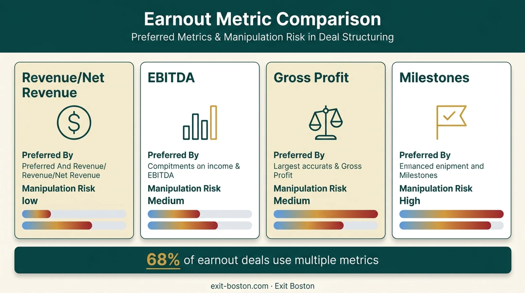 Comparison of earnout metrics showing manipulation risk by revenue EBITDA and milestones