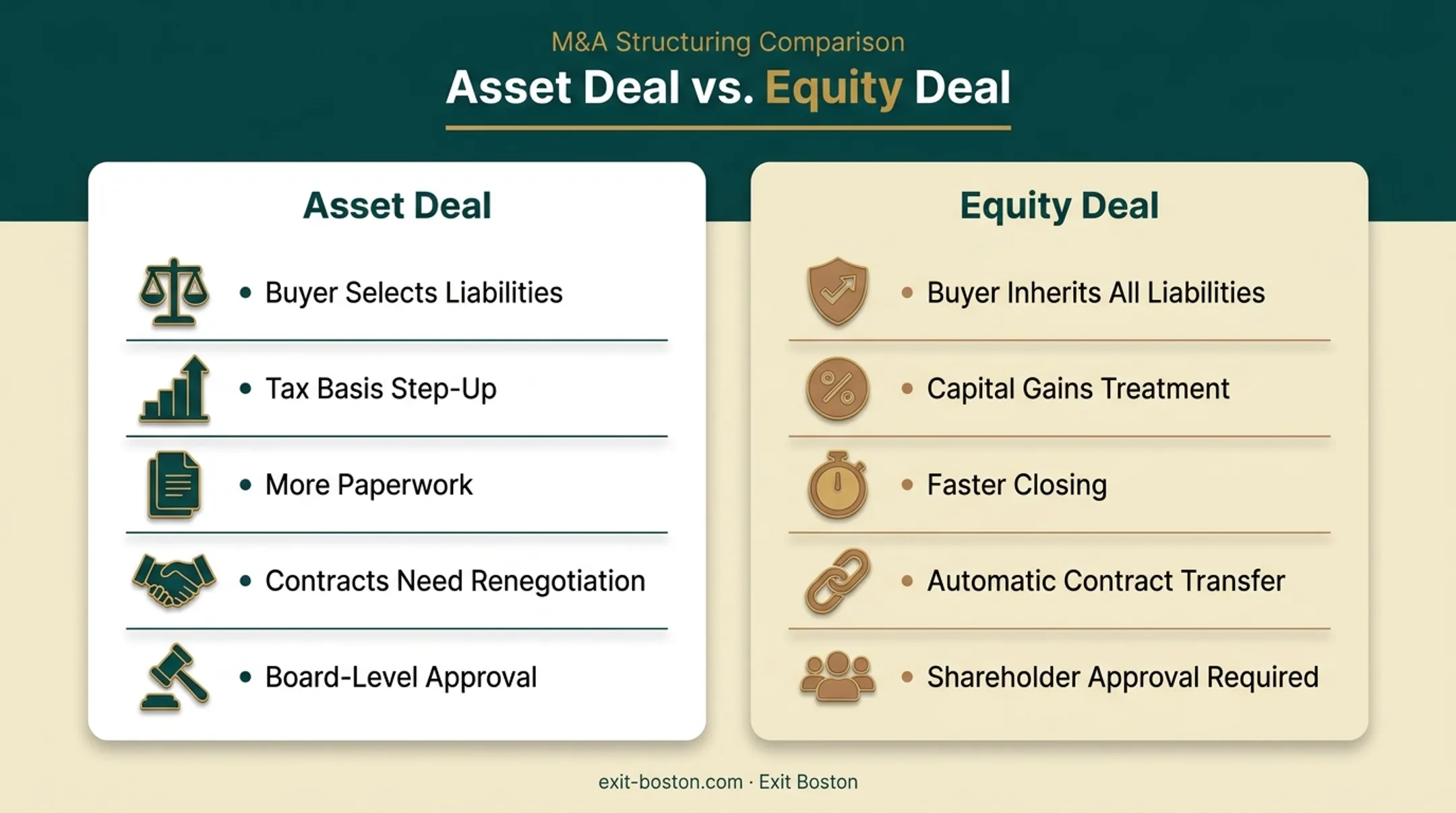 Asset deal versus equity deal comparison across tax liability and closing speed