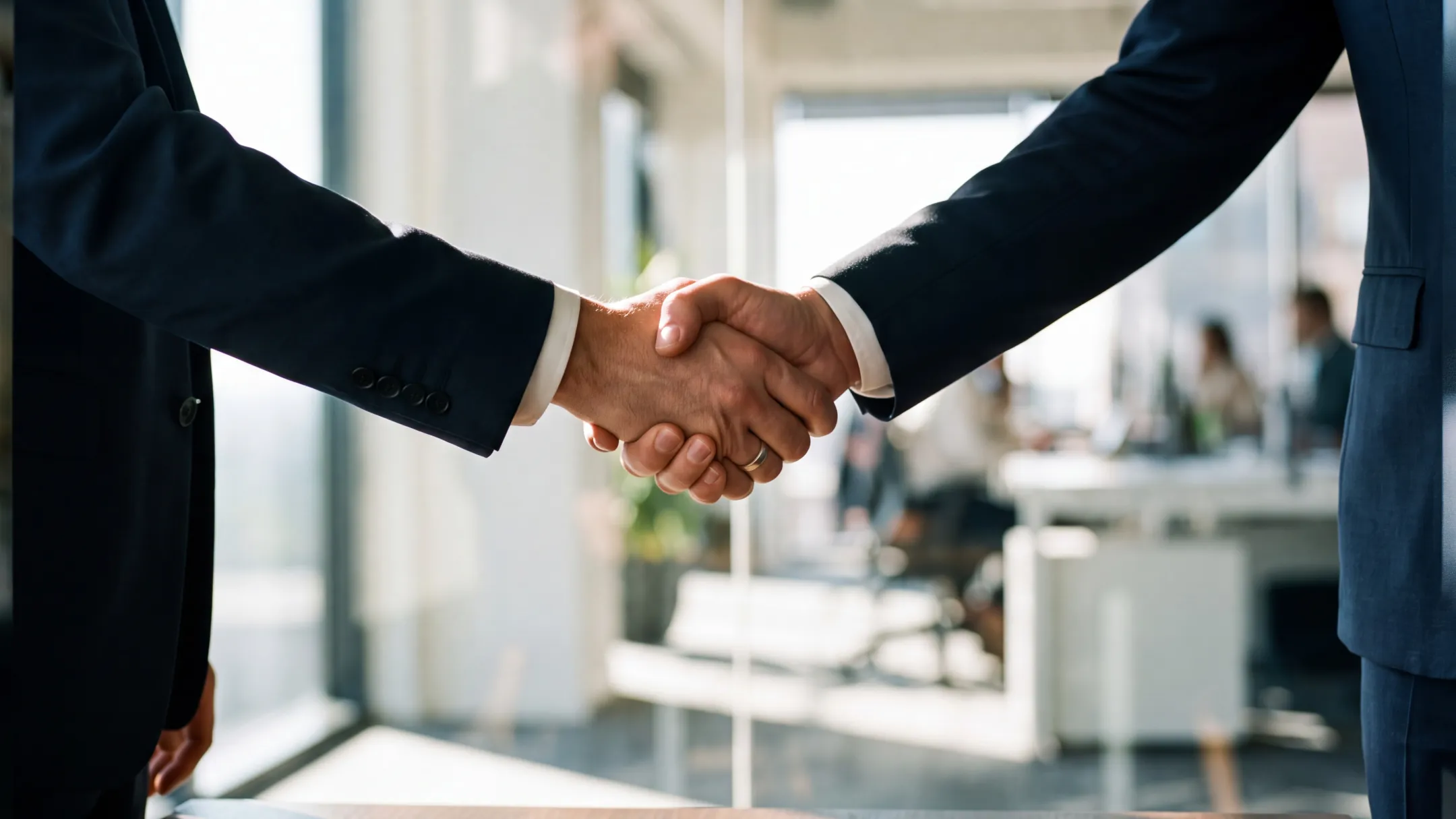 Business advisors reviewing ownership transfer documents in meeting