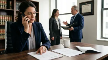 Attorney managing client communication and junior associates in modern law office