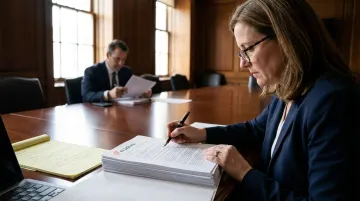 Attorney director reviewing legal documents and board materials at conference table
