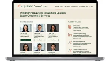 Ex Judicata Career Corner coaching marketplace showing specialist profiles and services for attorneys