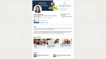 LinkedIn profile page showing attorney specialty headline and professional activity feed